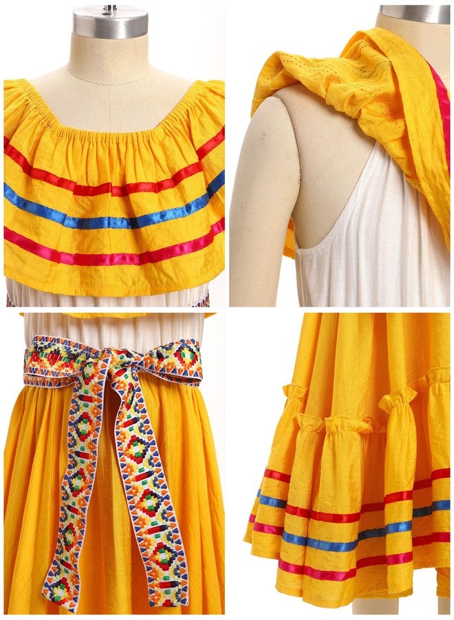 ODIZLI Mexican Dress for Girls - Folklorico Cinco de Mayo Fiesta Dress - Toddler Off-Shoulder Traditional - Little Girls Flamenco Ruffle Drape A Line Dress - Yellow 5-6 Years - Image 5